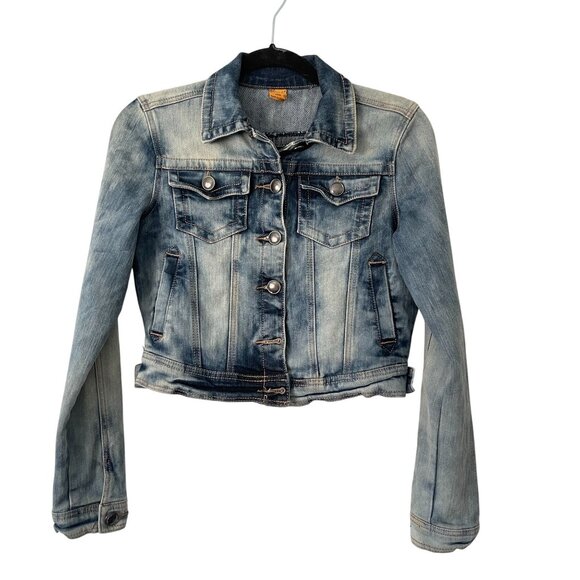 Joujou Size XS Distressed Light Blue Denim Jacket Button Front Pockets Stretch - Picture 4 of 5